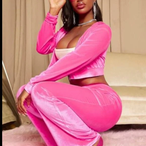 Pink Velour Velvet Women's Jumpsuit - Picture 2 of 11